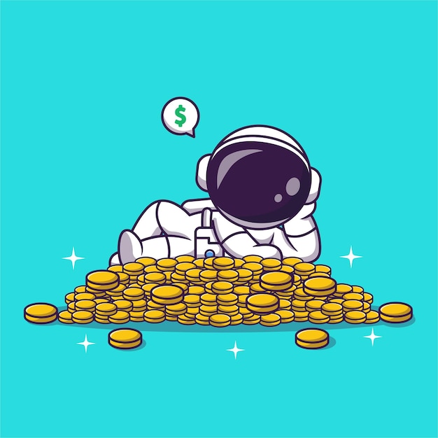 Vetor grátis astronauta fofo deitado em moeda de ouro cartoon vetor ícone ilustração ciência finanças ícone isolado plano