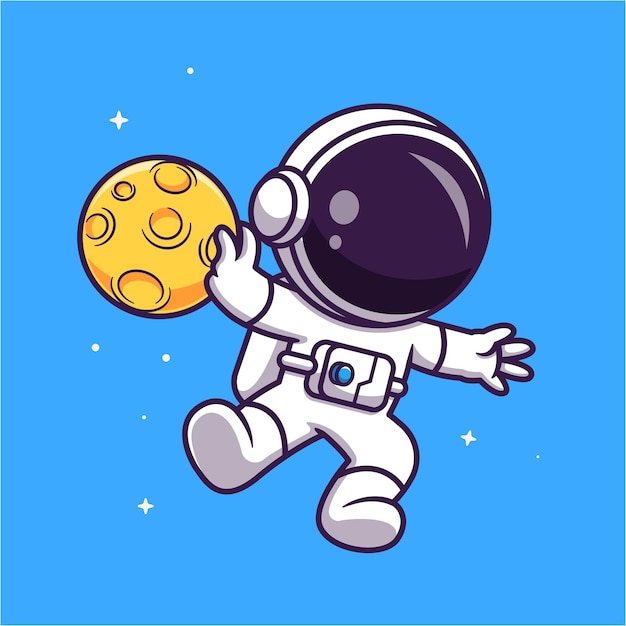 Vetor grátis astronauta fofo jogando cesta lua bola no espaço desenho animado vetor ícone ilustração ciência esporte