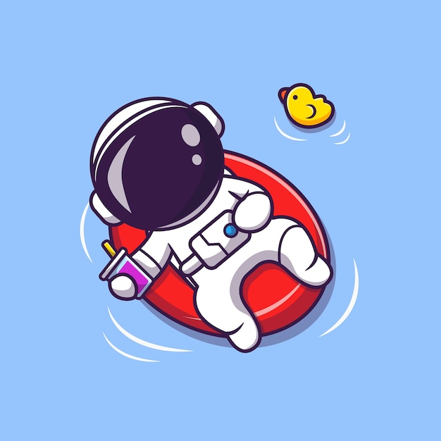 Astronauta fofo verão flutuando na praia com ilustração dos desenhos animados de balão. conceito de verão de ciência. estilo flat cartoon