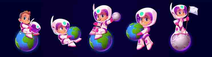 Vetor grátis astronauta infantil de desenho animado brincando com planetas