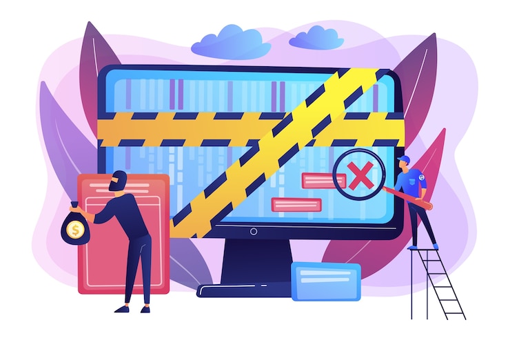 Vetor grátis ataque cibernético. aplicação da lei. criminoso que rouba dinheiro online. computação forense, ciência forense digital, conceito de investigação de crime em computador.