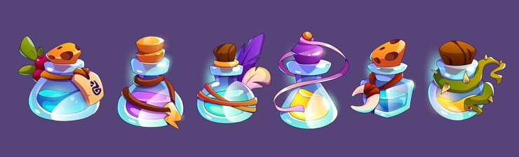 Vetor grátis ativos de jogo de garrafas de vidro e frascos com elixir líquido colorido ou poção conjunto vetorial de desenhos animados de frascos com rolhas e etiquetas de água mágica lâmpadas de química de farmácia de fantasia com veneno e antídoto