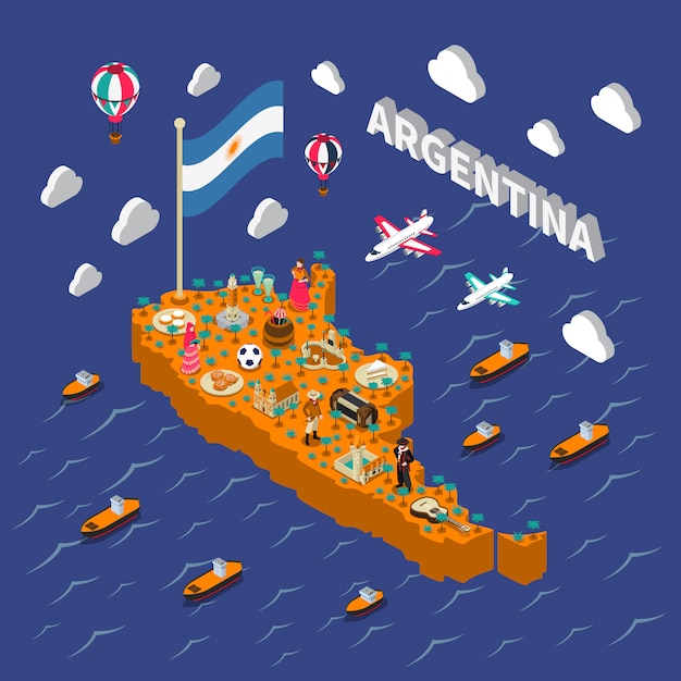 Vetor grátis atrações turísticas de argentina mapa isométrico poster