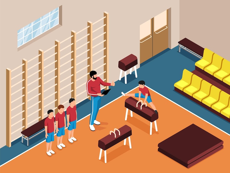 Vetor grátis aula de educação física no ginásio esportivo com professor masculino e alunos fazendo exercícios no cavalo com alças ilustração vetorial isométrica 3d
