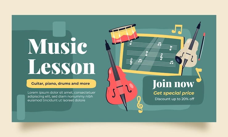 Vetor grátis aulas de escola de música plana e modelo de promoção de mídia social educacional