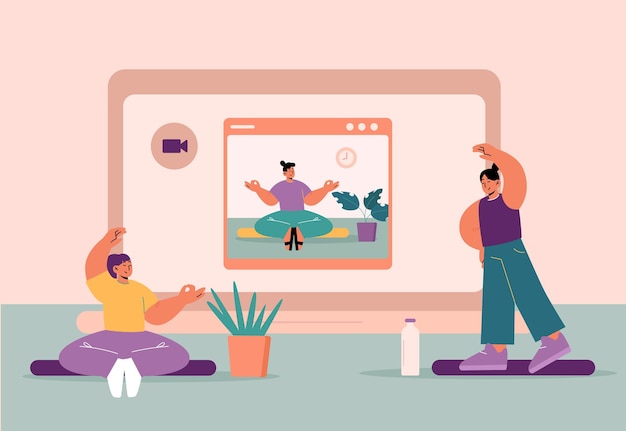 Aulas de ioga online, mulheres se exercitam em casa na frente da tela do computador, personagens femininas meditam em posição de lótus, fazendo asana, assistindo a vídeos. ilustração em vetor plana de arte de linha de atividade saudável