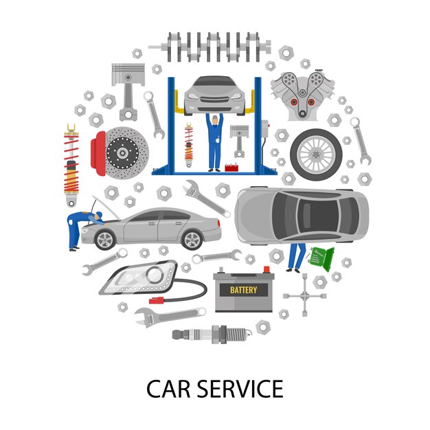 Auto service round design com carros mecânicos ferramentas de trabalho detalhes da máquina