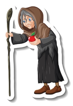Autocolante de bruxa velha segurando bastão e maçã de personagem de desenho animado