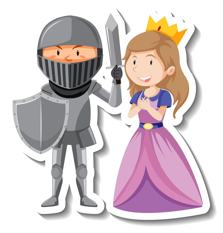 Vetor grátis autocolante de desenho animado de cavaleiro e princesa