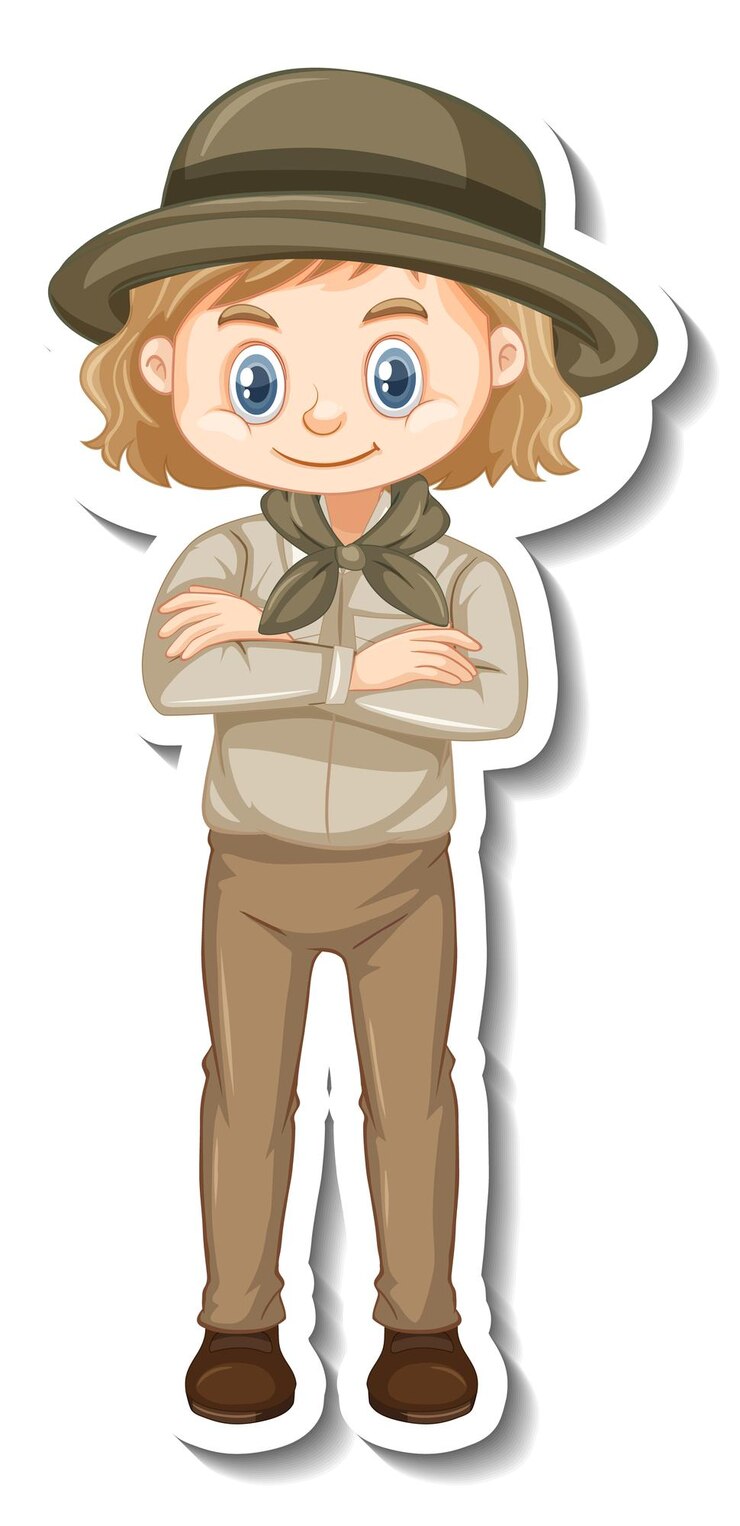 Vetor grátis autocolante de personagem de desenho animado de rapariga com roupa de safari