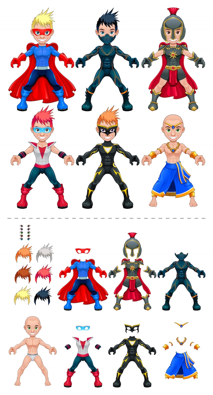 Vetor grátis avatar aislados ilustración vectorial superhéroes objetos todos los elementos se adaptan perfectamente a los demás caracteres de mayor tamaño en la parte superior son sólo algunos ejemplos de diversas combinaciones entre 5 ojos 6 colores 6 peinado vestidos en la parte inferior de la vista previa