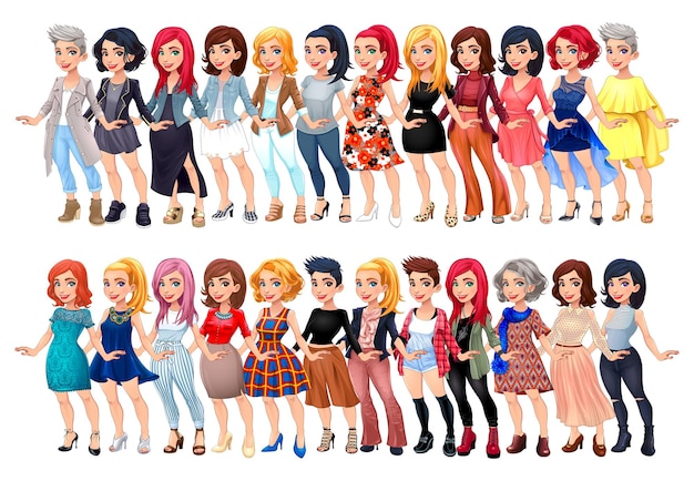 Avatar de moda feminina variada. personagens de desenhos animados de vetor com diferentes vestidos, sapatos e penteados. eles são todos intercambiáveis.