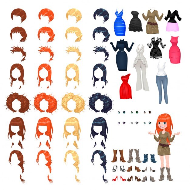 Vetor grátis avatar de uma mulher vetor objetos isolados 7 penteados com 4 cores cada um 10 vestidos diferentes 6 olhos cores 9 sapatos