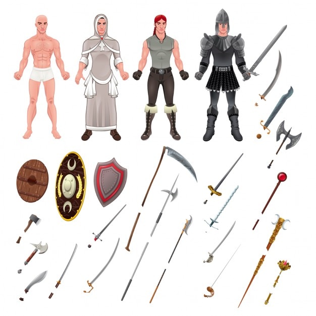 Vetor grátis avatar medieval com armas e armaduras isolated objects vector ilustrador
