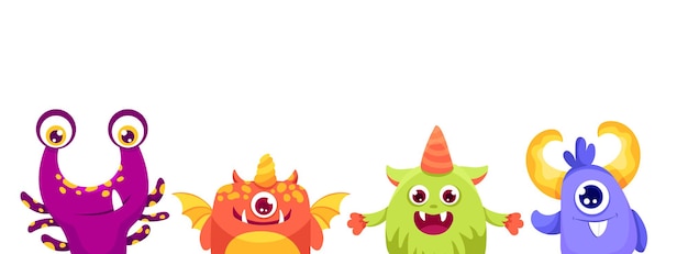 Avatares de monstros engraçados bonitos de ícones de rostos definem linha para banner de halloween com espaço para texto