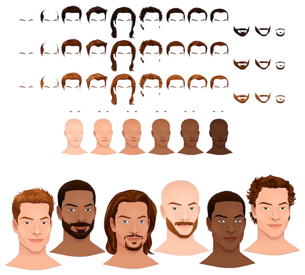 Avatares masculinos 8 penteados e 3 pêlos faciais em 3 cores diferentes 6 cores olho 6 tons de pele para múltiplas combinações nesta imagem alguns objetos ficheiro pré-visualizações do vetor isolado