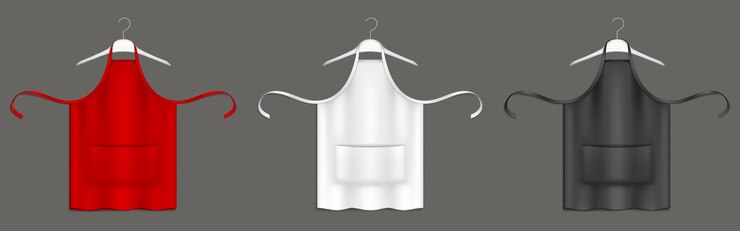 Vetor grátis aventais de chef, uniforme de cozinheiro preto, vermelho e branco em cabides 3d