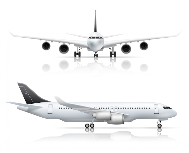 Vetor grátis avião de passageiros de grande porte frente e lateral vista de avião