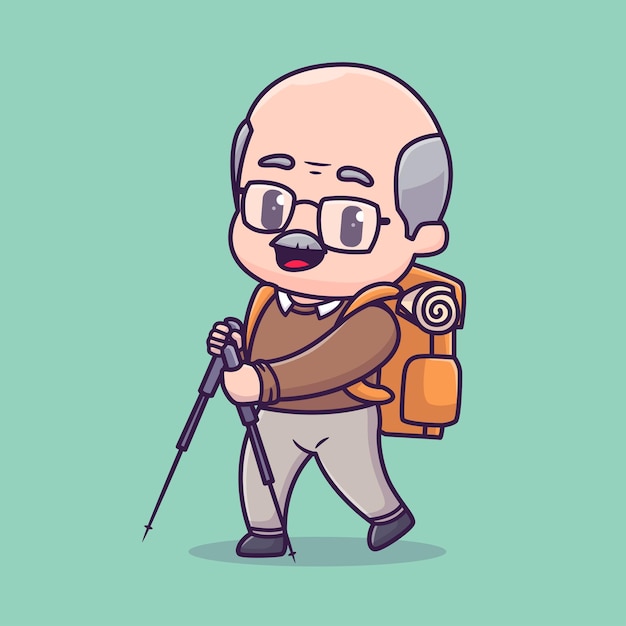 Vetor grátis avô fofo caminhando com mochila desenho animado vetor ícone ilustração pessoas natureza ícone isolado