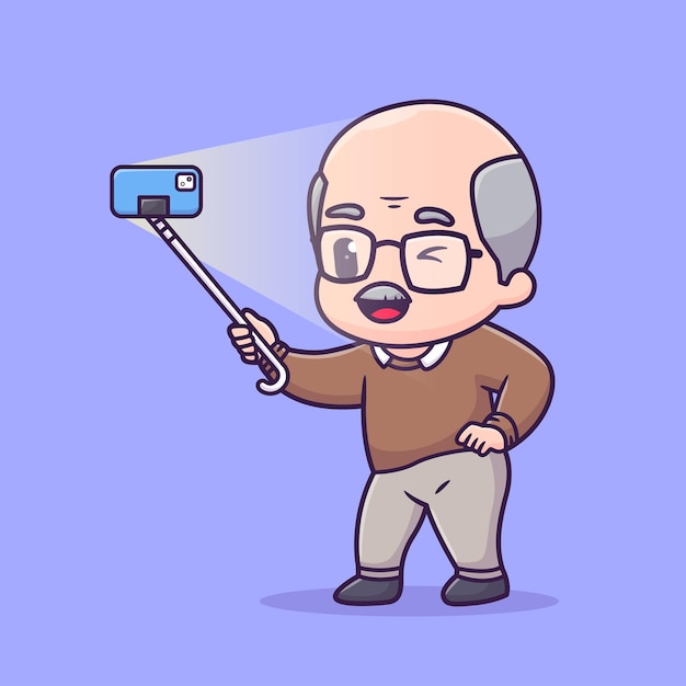 Vetor grátis avô fofo tirando selfie com telefone desenho animado vetor ícone ilustração pessoas tecnologia plana