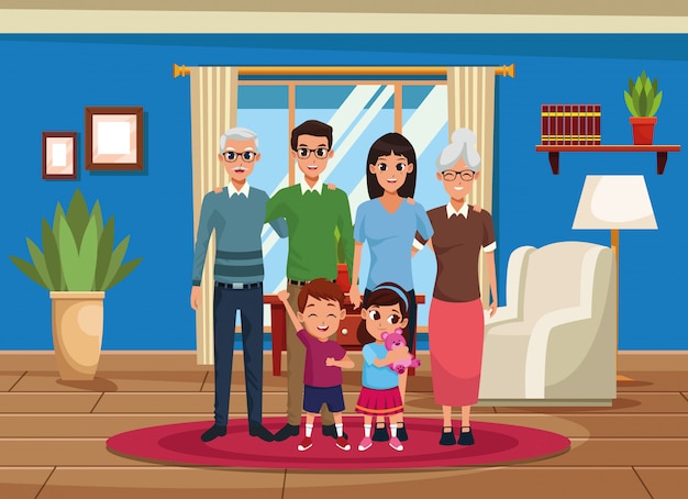 Vetor grátis avós da família, pais e crianças desenhos animados