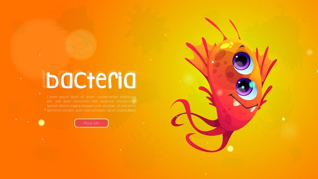 Bactérias dos desenhos animados ou banner da web de células de vírus Personagem de germe bonito com cara engraçada Sorria micróbio patogênico com olhos grandes e flagelos longos microbiologia organismo de ciência monstro alienígena ilustração vetorial