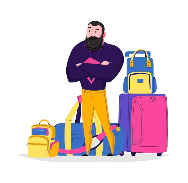 Vetor grátis bagagem de mão malas de viagem composição de bagagem com personagem de doodle do homem cercado por malas ilustração vetorial