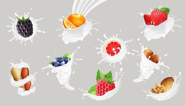Vetor grátis bagas de frutas realistas e nozes em salpicos de leite isolados na ilustração vetorial de fundo cinza