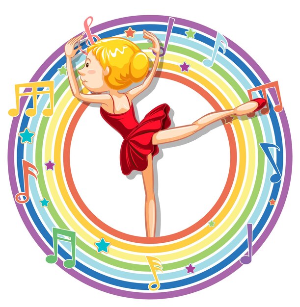 Bailarina em moldura redonda de arco-íris com símbolos de melodia