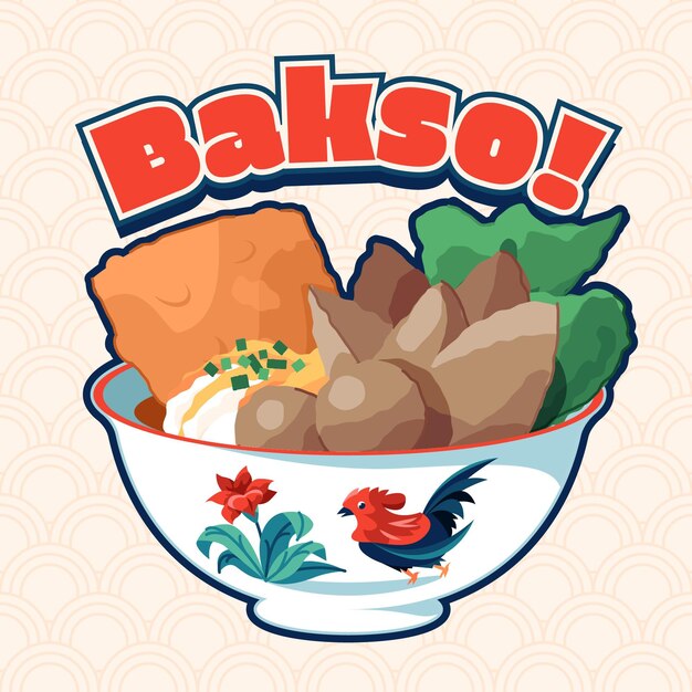 Bakso desenhado à mão em uma tigela