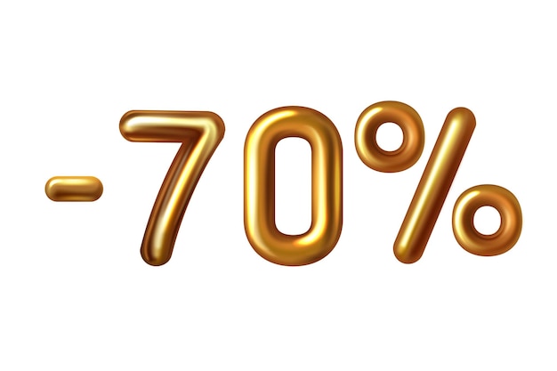 Balão dourado realista de compras com desconto menos setenta por cento símbolo 3d número 70 folha metálica de ouro com glitter venda dourada 70 por cento de desconto venda de publicidade e promoção na loja Vetor Premium