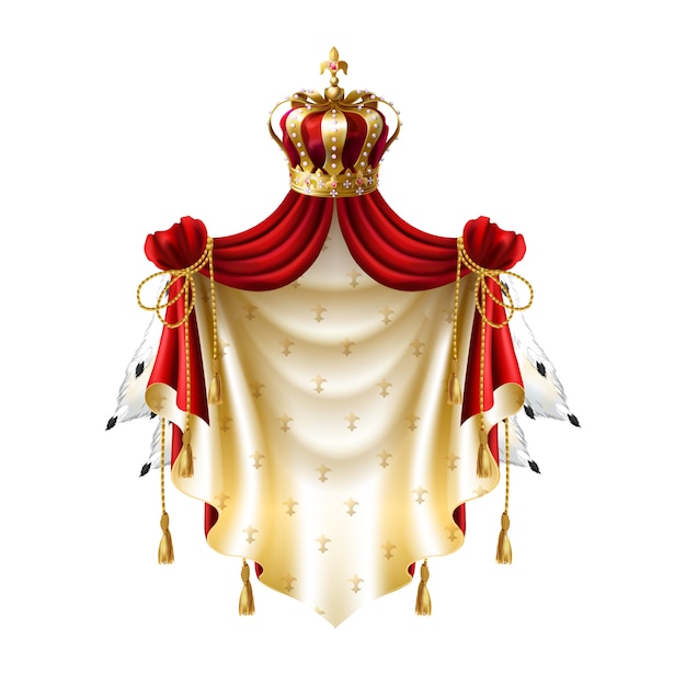 Vetor grátis baldachin real com ouro, coroa, jóias e pele de franja, isolado no fundo branco.