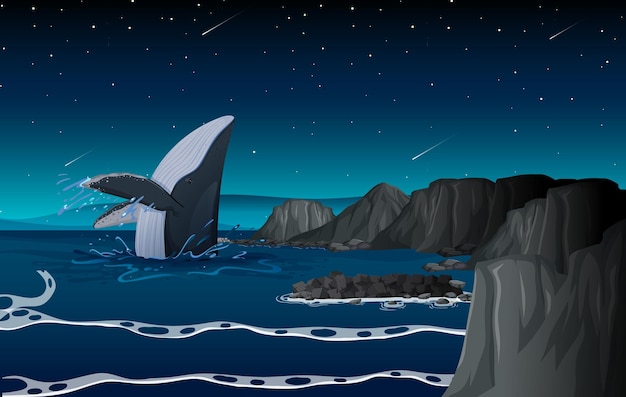 Baleia jubarte no oceano à noite