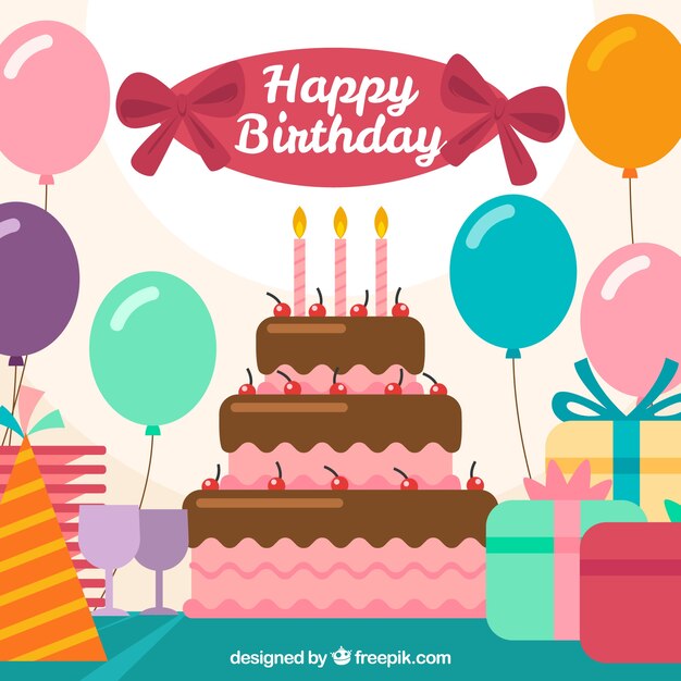 Balões de fundo com bolo de aniversário