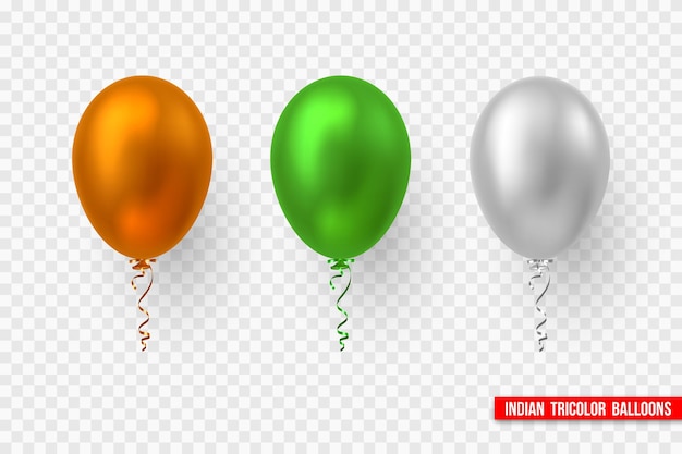 Balões de vetor no tradicional tricolor da bandeira indiana. Elementos decorativos realistas para feriados nacionais da Índia. Isolado em fundo transparente.