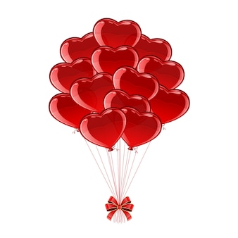 Balões vermelhos em forma de corações dos namorados isolados no fundo branco, ilustração.
