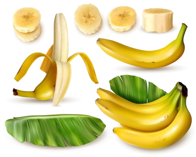 Banana realista conjunto com várias imagens isoladas de frutas frescas de banana com folhas de pele e fatias