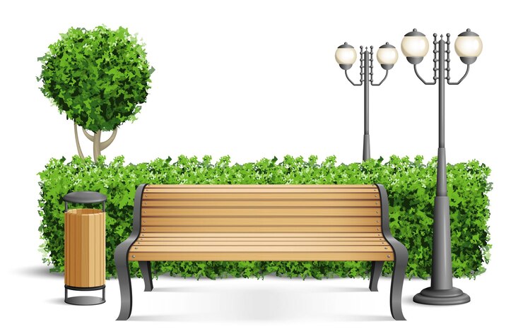 Vetor grátis banco de composição de banco de parque de madeira realista fica ao lado da cerca das peças na ilustração vetorial da área do parque