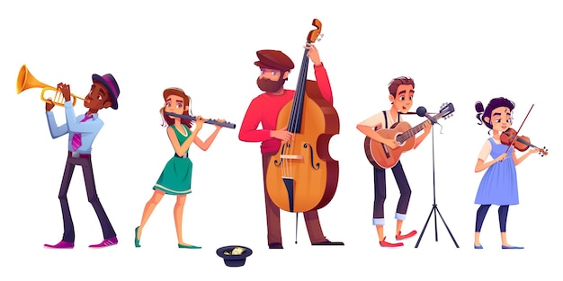 Banda de música de rua tocando isolado em fundo branco vetor ilustração de desenhos animados de jovens homens e mulheres tocando trompete flauta contrabaixo guitarra violino cantando música para arrecadar dinheiro em chapéu