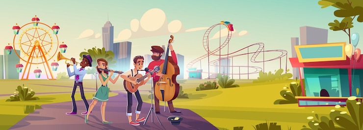 Vetor grátis banda de músicos de rua tocando instrumentos musicais e cantando no parque de diversões da cidade cartoon performance ao ar livre jovens tocam guitarra contrabaixo flauta e trompete e coletam dinheiro em chapéu