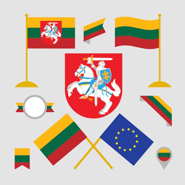 Vetor grátis bandeira da lituânia desenhada à mão e coleção de emblemas nacionais