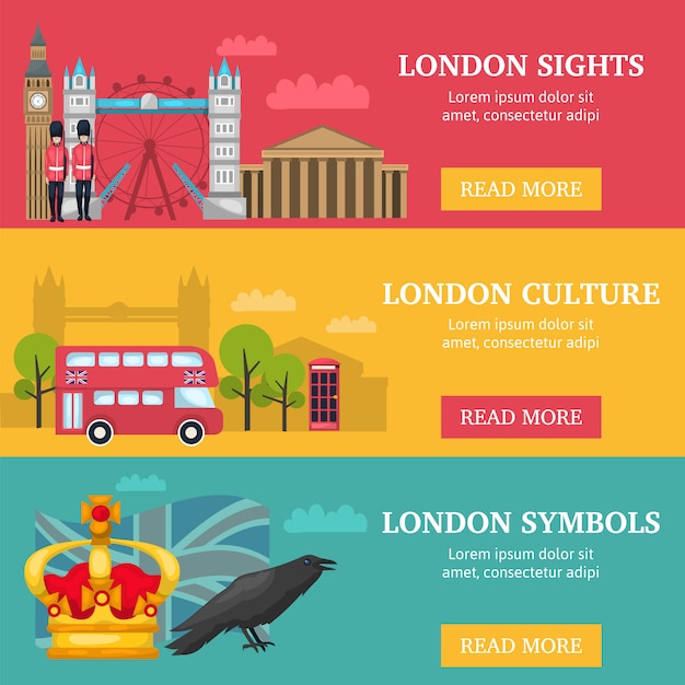 Vetor grátis bandeira de londres horizontal três conjunto com descrições de cultura e símbolos de pontos turísticos de londres