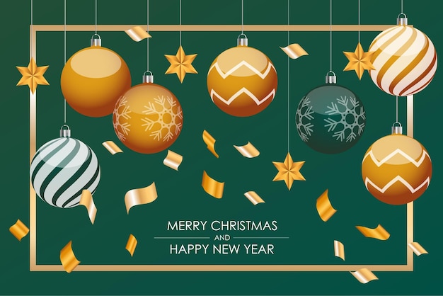 Bandeira de natal, bolas verdes e douradas de natal. cartazes horizontais de natal, cartões, cabeçalhos, site. Vetor Premium