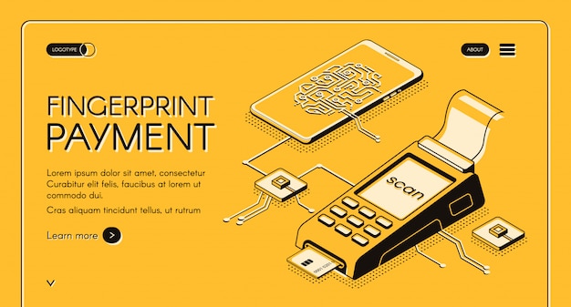 Vetor grátis bandeira de web de serviço de pagamento por impressão digital com chip digital, impressão digital e cartão de crédito