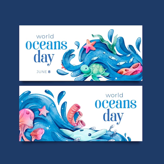 Bandeira do dia mundial dos oceanos em aquarela