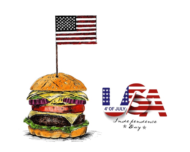 Vetor grátis bandeira dos eua topo de hambúrguer 4 de julho mão desenhada fundo vetorial