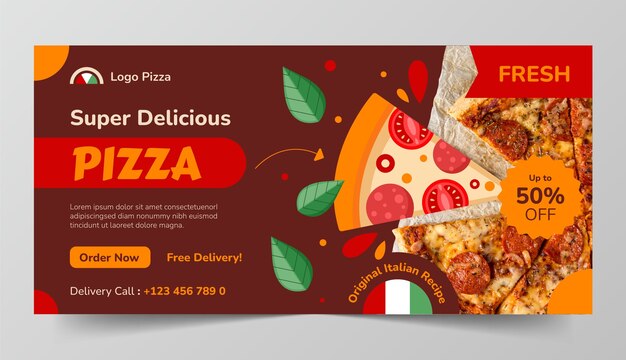 Bandeira horizontal de pizza desenhada de mão