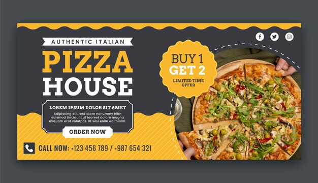 Bandeira horizontal de pizza desenhada de mão