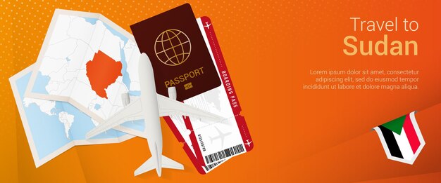 Bandeira pop-under de viagens para o sudão. banner de viagem com passaporte, passagens, avião, cartão de embarque, mapa e bandeira do sudão. Vetor Premium