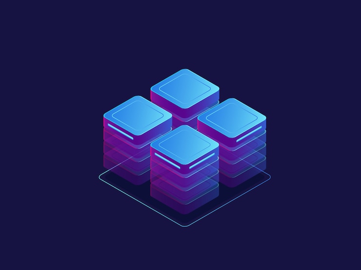 Vetor grátis bandeira ultravioleta, sala de servidores, objetos abstratos de tecnologia, armazenamento em nuvem